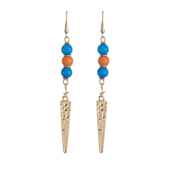 Blue and Orange Hammered Arrow Beaded Earrings - Picture 1 of 11